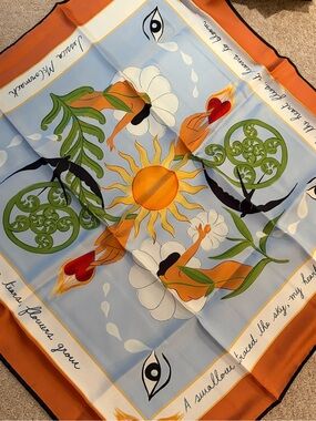 Silk Floral Sun Print Scarf - Orange & Light Blue